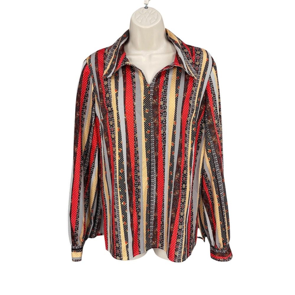 Vintage Disco 70s Shirt Women Size M/L Retro Patchwork Bandana Stripe Print Rare